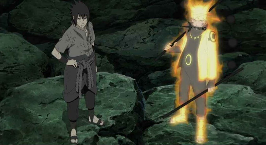 Six Path Naruto and Sasuke with Rinnegan in his right eye